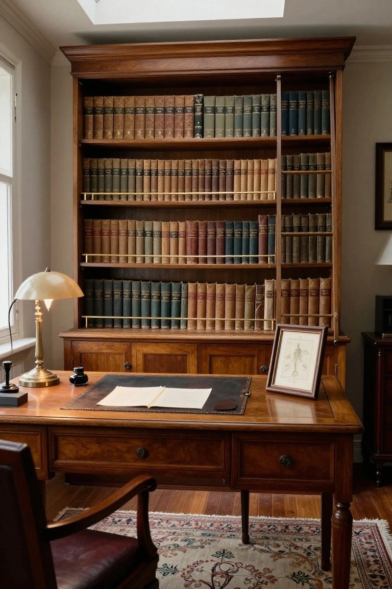 Tall wooden bookshelves filled with leather-bound books line the wall of a wood-paneled office with a matching desk, green-shaded lamp, and leather armchair on a hardwood floor.