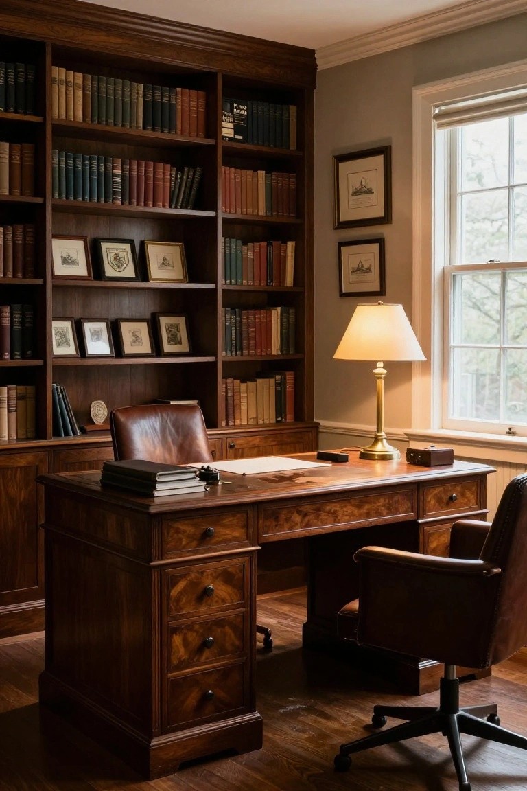 A home office with dark wood built-in bookshelves on multiple walls filled with books, a burlwood desk topped with papers and a lamp, two leather chairs, and a window with roller shade.