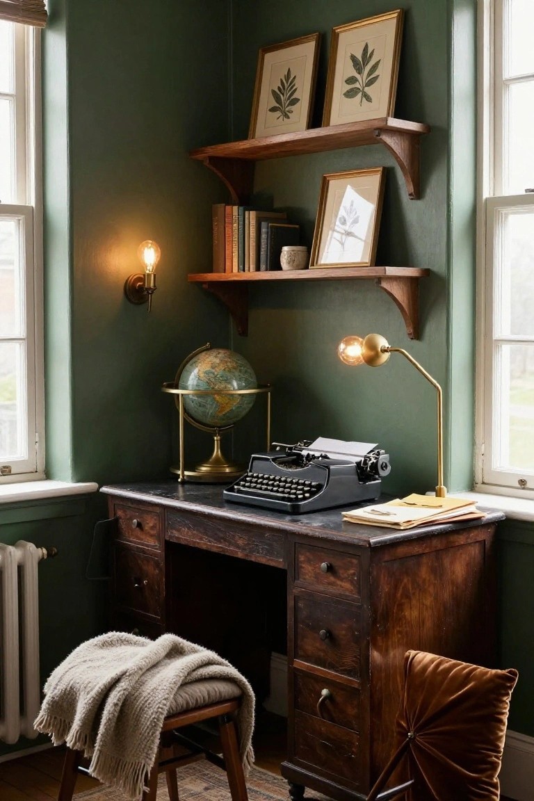 Corner of a home office with deep green walls, antique wooden desk topped with black typewriter and papers, brass globe stand, floating wooden shelves holding books and framed leaf prints, brass desk lamp, and wall sconce.