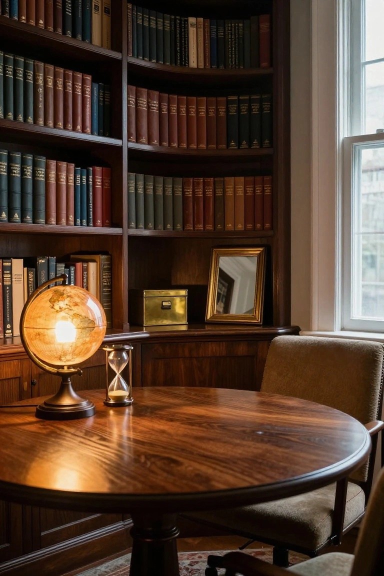 Curved wooden bookshelves filled with leather-bound books surround a round mahogany table holding a lit globe lamp and hourglass, with two armchairs nearby in a warmly lit room.
