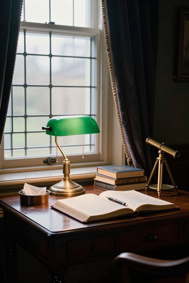 Wooden desk with green-shaded brass banker's lamp, open notebook and pen, stack of books, brass tissue holder, and brass telescope on tripod stand beside a window with dark curtains.