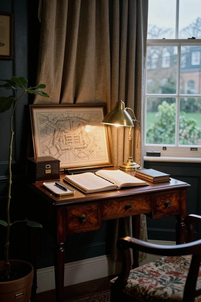 A dark-walled study with an antique wooden desk holding open books and papers, lit by a brass adjustable lamp, a framed map on the wall, potted plant, wooden box, and window showing outdoor greenery.