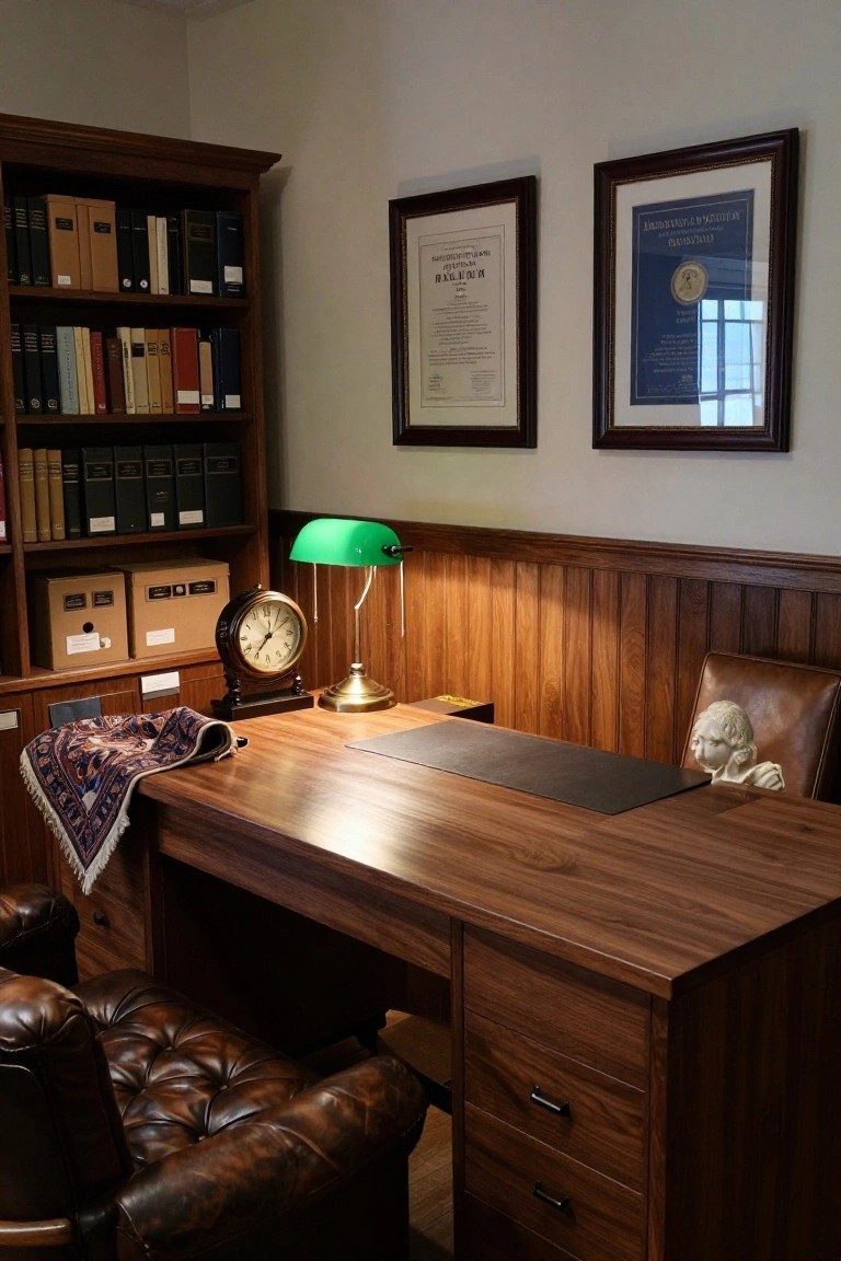 A home office with lower wood-paneled walls, full bookshelves, a walnut desk topped with a green banker's lamp and clock, leather chairs, and a white bust sculpture.