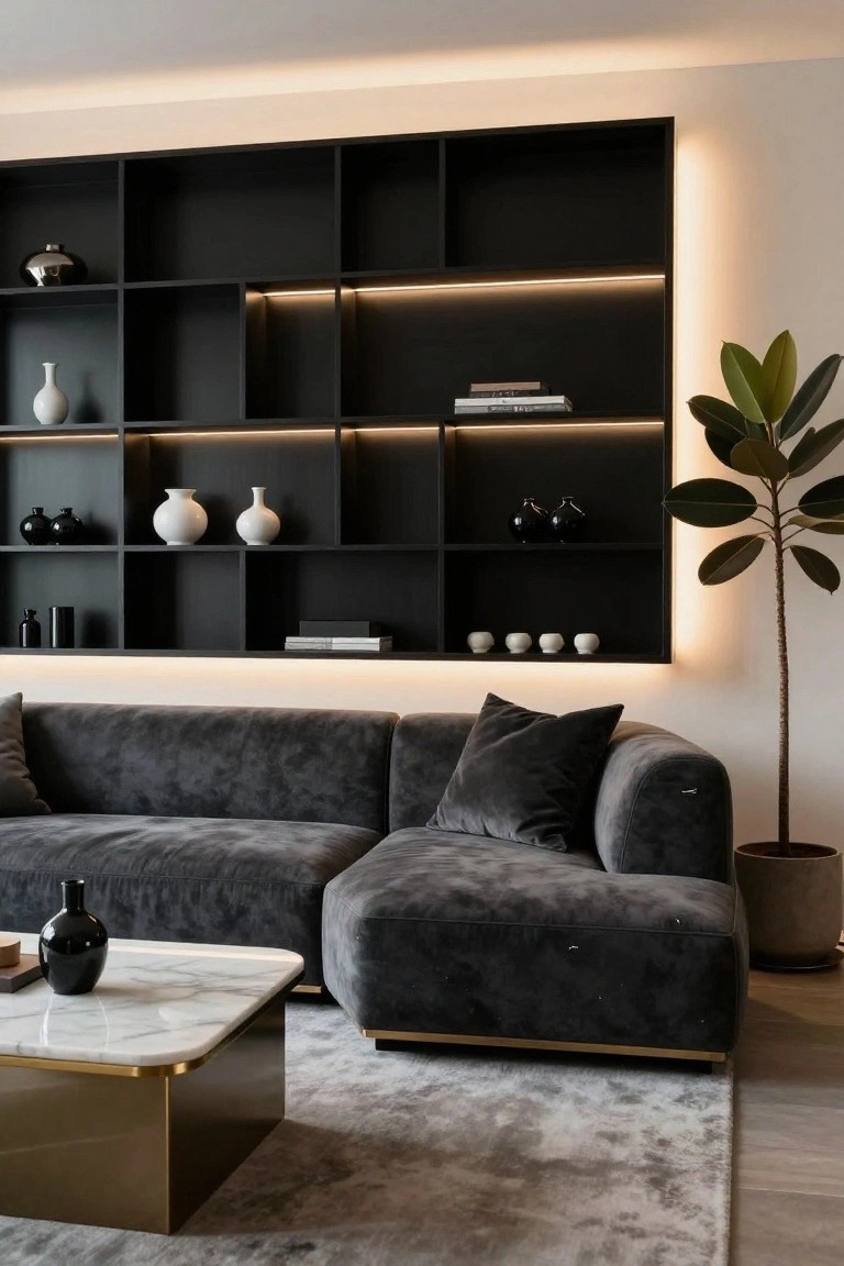 Modern living room with dark grey velvet L-shaped sofa against tall black modular shelving wall with integrated edge lighting, white and black vases on shelves, potted fiddle leaf fig plant, marble and brass coffee table, and light gray rug on wood floor.