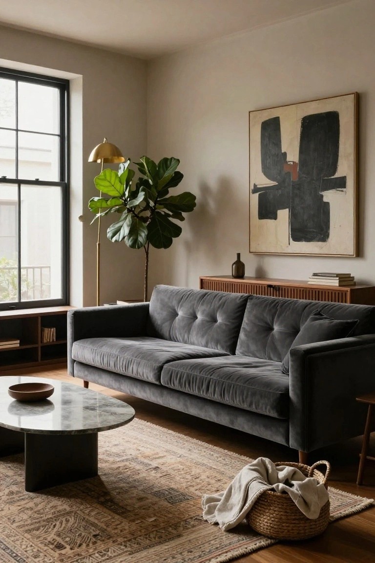 Modern living room interior with dark grey tufted velvet sofa positioned in front of a slatted wooden credenza, oval marble coffee table on a beige rug, tall fiddle leaf fig plant next to brass arched floor lamp, abstract black and white painting on beige wall beside black-framed window.