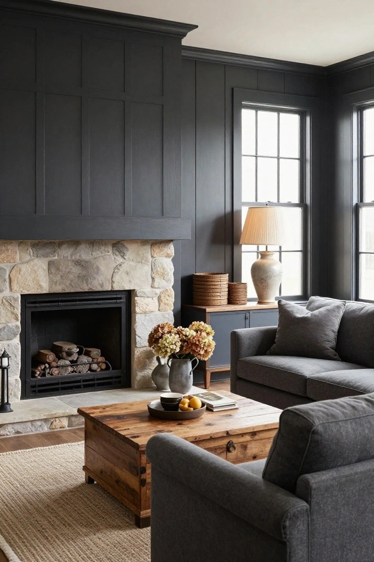 Living room featuring dark grey paneled walls, a stone fireplace with burning logs, dark grey L-shaped sofa, wooden coffee table, side tables with flowers and lamps, and large windows letting in natural light.
