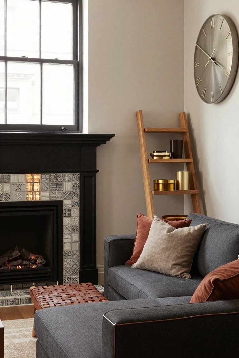 Corner of a living room with dark grey L-shaped sofa, rust and beige pillows, black fireplace with colorful tiles, wooden ladder shelf with brass and ceramic items, leather ottoman, wall clock, and window.