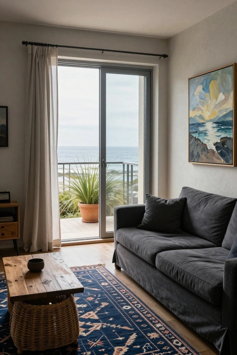 Living room interior with dark grey L-shaped sofa facing open sliding glass doors to a balcony overlooking the ocean, featuring a potted palm plant outside, wooden coffee table with basket base, blue rug, and abstract seascape painting on beige wall.
