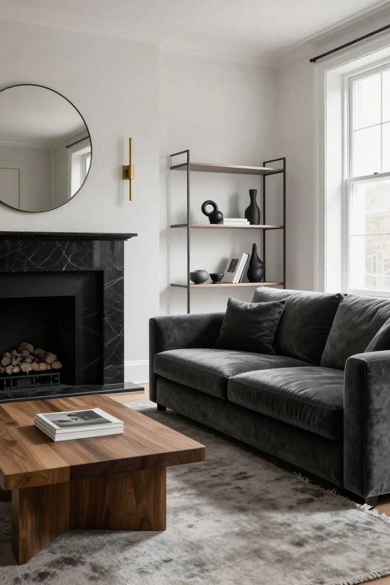 Living room interior with dark grey velvet sofa facing black marble fireplace, wooden coffee table on light rug, black metal shelves holding ceramics and books, round black mirror on white wall next to window.