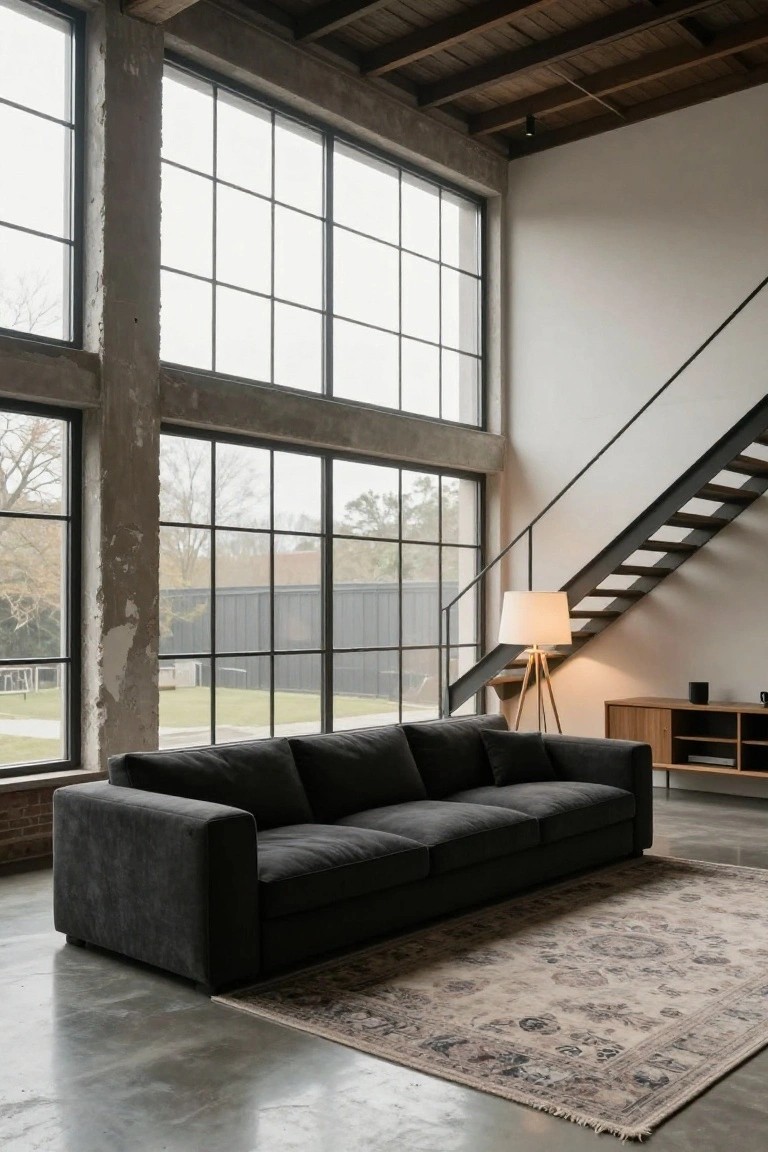 Dark grey three-seater sofa on polished concrete floor in industrial loft living room with tall metal-framed windows, exposed wood beams, metal staircase, wooden credenza, tripod floor lamp, and light Persian rug.