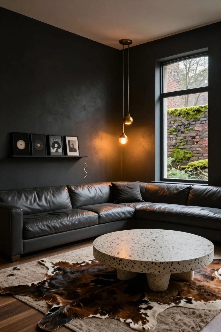 Dark living room with black leather sectional, round terrazzo coffee table, and pendant lights.