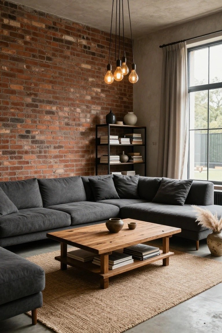 A modern living room with an L-shaped dark grey sofa against an exposed red brick wall, wooden coffee table on a beige jute rug, black metal bookshelf with books and ceramics, pendant bulb lights, and large window with sheer curtains.