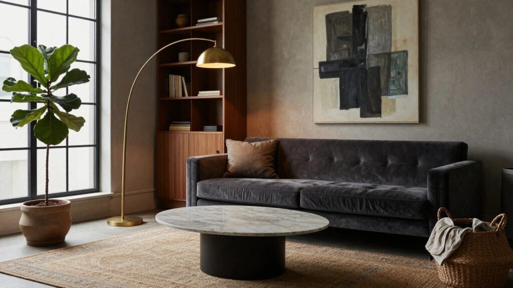 Modern living room interior with dark grey tufted velvet sofa positioned in front of a slatted wooden credenza, oval marble coffee table on a beige rug, tall fiddle leaf fig plant next to brass arched floor lamp, abstract black and white painting on beige wall beside black-framed window.