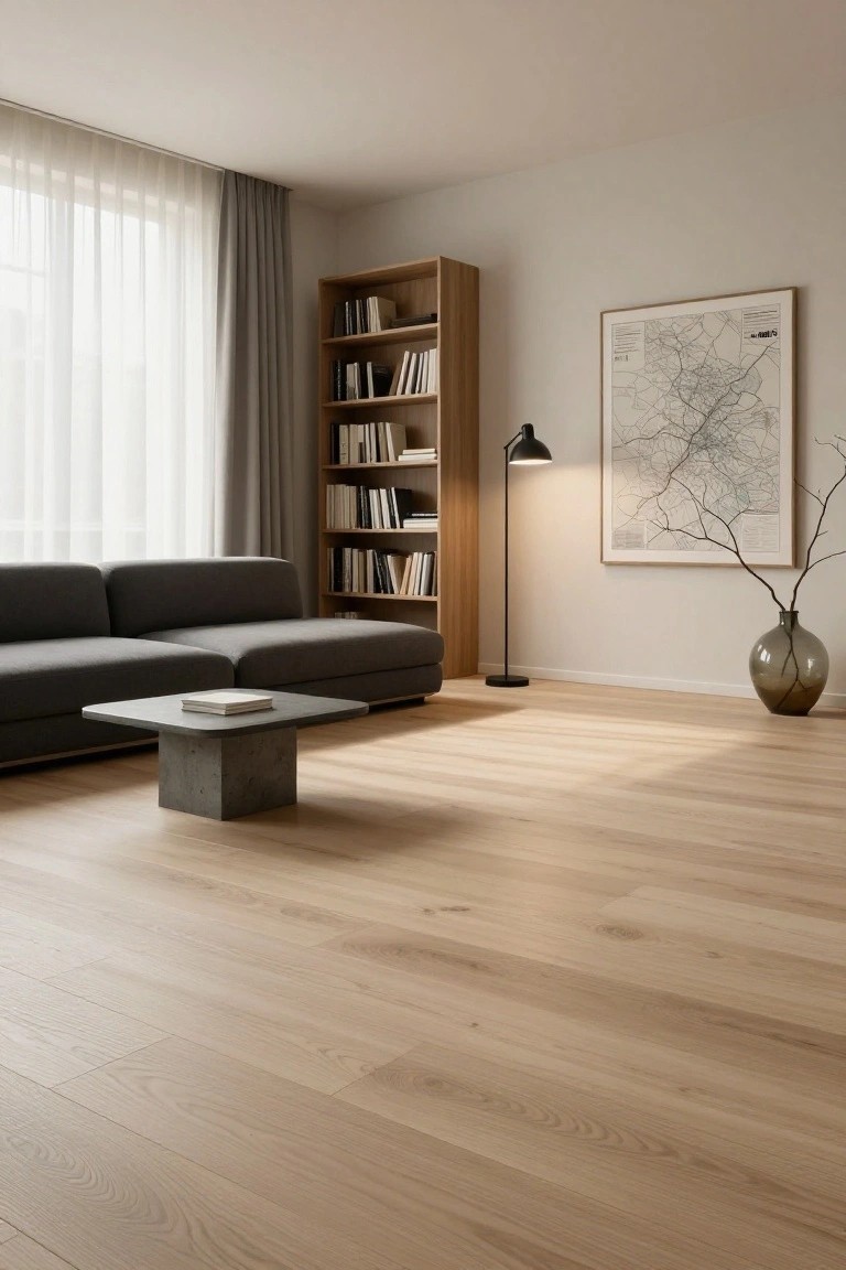 Modern living room interior with dark gray L-shaped sofa on light oak hardwood floors, concrete coffee table holding a book, wooden bookshelf filled with books, black floor lamp, large framed map artwork on wall, glass vase with branches, and sheer white curtains over a window.