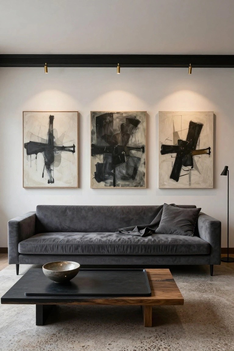 Modern living room with dark grey velvet sofa, black wooden coffee table holding a ceramic bowl, three large framed abstract black and white paintings on white wall lit by gold spotlights from black track ceiling, and black floor lamp.
