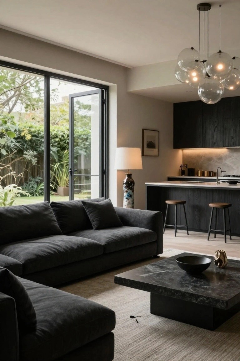 Open-plan interior with dark grey L-shaped sofa, black kitchen cabinets, stone coffee table, large glass doors to garden, and pendant lights overhead.