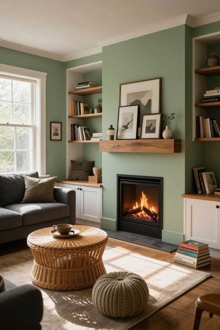 Living room with sage green walls, dark grey sofa, built-in wooden bookshelves flanking a gas fireplace with oak mantel, rattan coffee table holding a cup and saucer, cream pouf on beige rug, and hardwood floors.