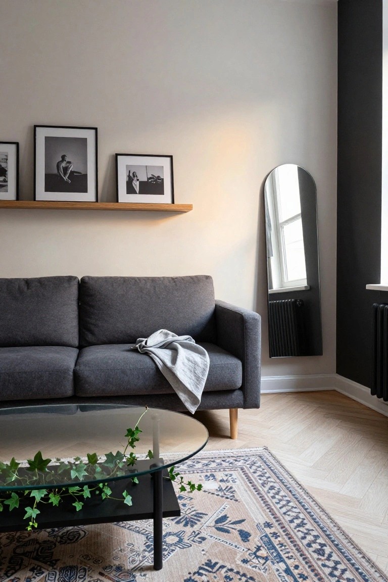 Living room with dark grey sofa, glass coffee table topped with trailing ivy plant, patterned rug on light wood floors, wooden shelf holding black-framed photos, tall mirror, and black wall radiator.