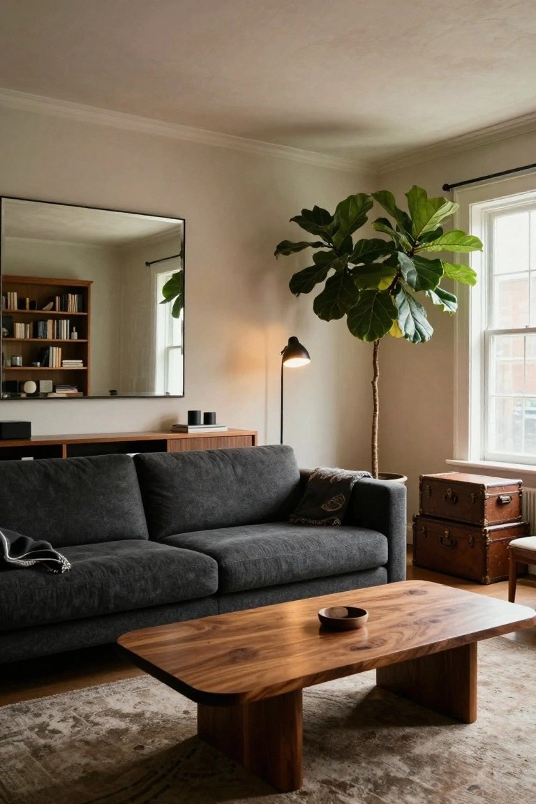 A modern living room with dark grey sofa, wooden coffee table holding a small bowl, tall fiddle leaf fig plant, large black-framed mirror, wooden media console, bookshelves, floor lamp, and beige rug.