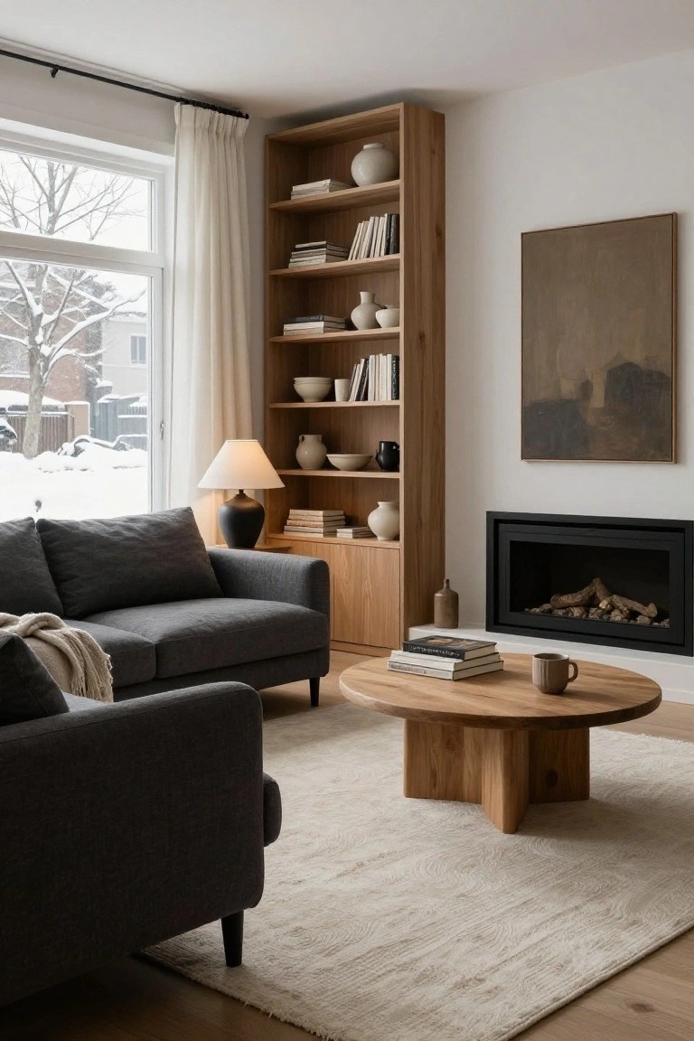 Modern living room with dark grey linen sofa, tall oak bookshelves filled with books and ceramics, linear black fireplace with gas logs, round oak coffee table holding books and mug, large window with white curtains showing snowy outdoor view, neutral rug on light oak floors.