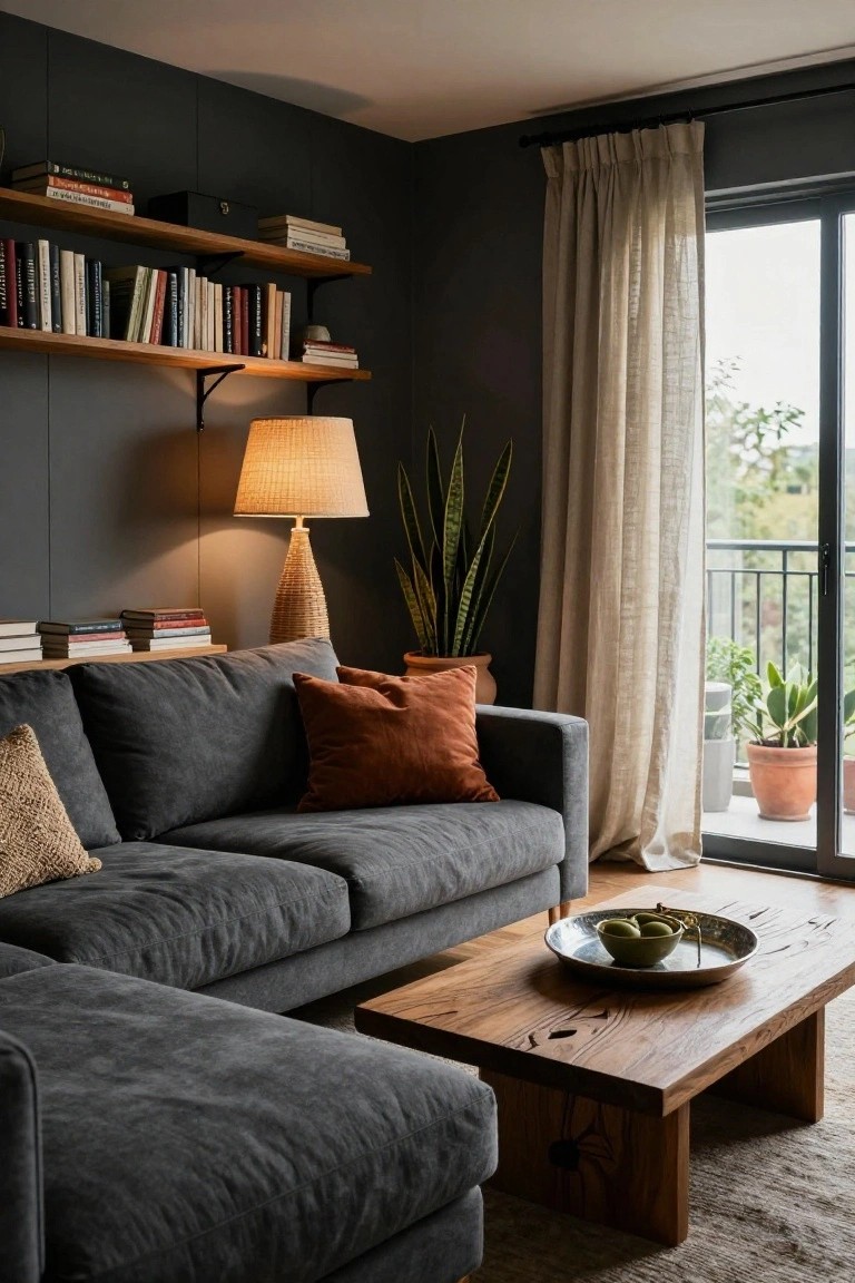 Dark grey L-shaped sofa in a living room with wooden floating bookshelves, rattan floor lamp, snake plant in terracotta pot, wooden coffee table holding a metal tray with green figs, sheer curtains on sliding glass doors to balcony, and neutral rug.