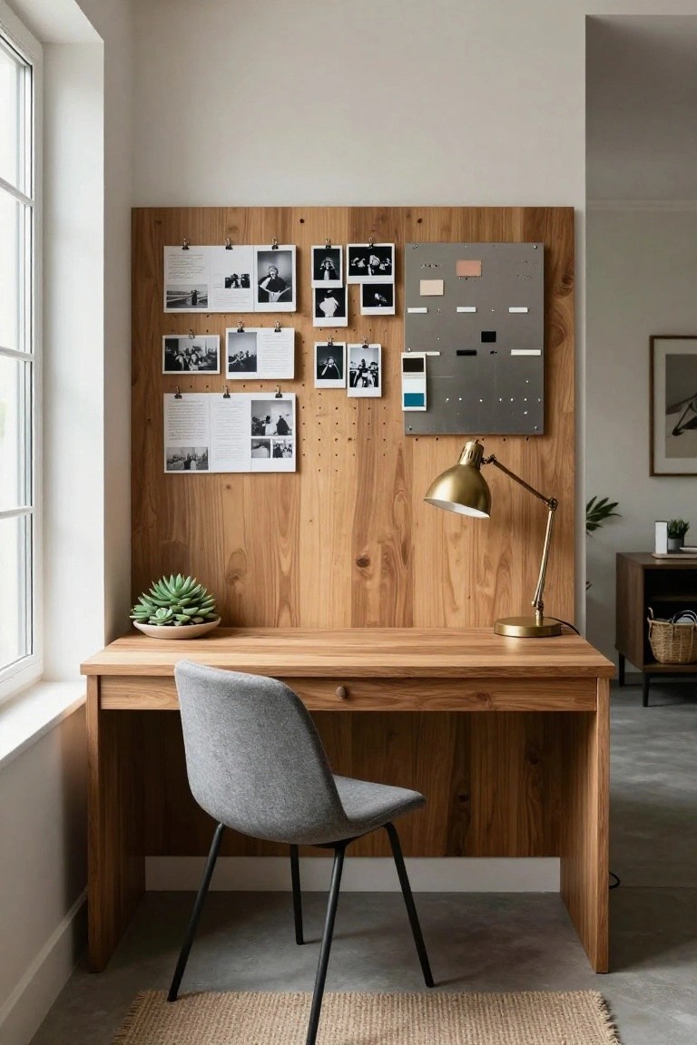 Wooden home office desk with gray fabric chair, potted succulent plant, brass desk lamp, and tall wooden pegboard wall displaying clipped photos, papers, and notes beside a large window.