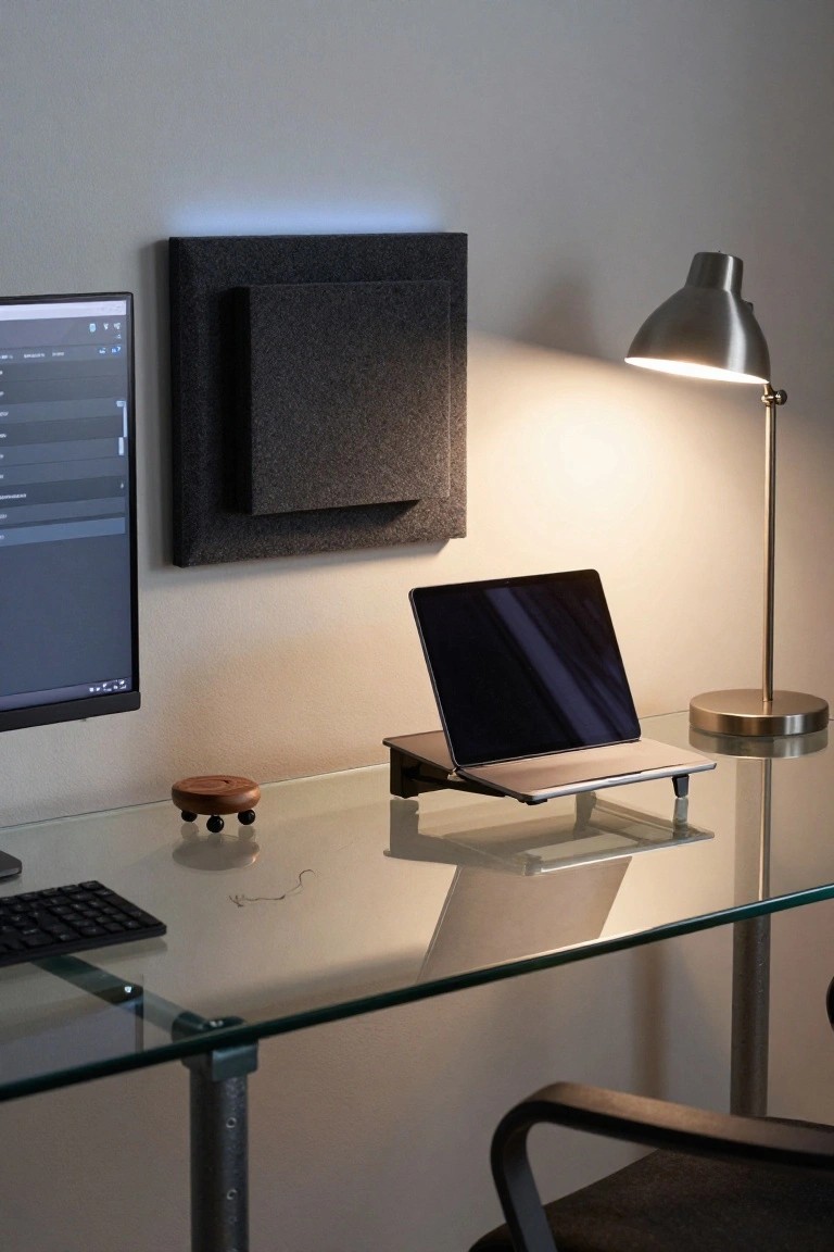 A minimalist home office with a glass desk holding a laptop on a wooden stand, external monitor showing code, black fabric-covered square panel on the wall, adjustable desk lamp, keyboard, and black office chair.