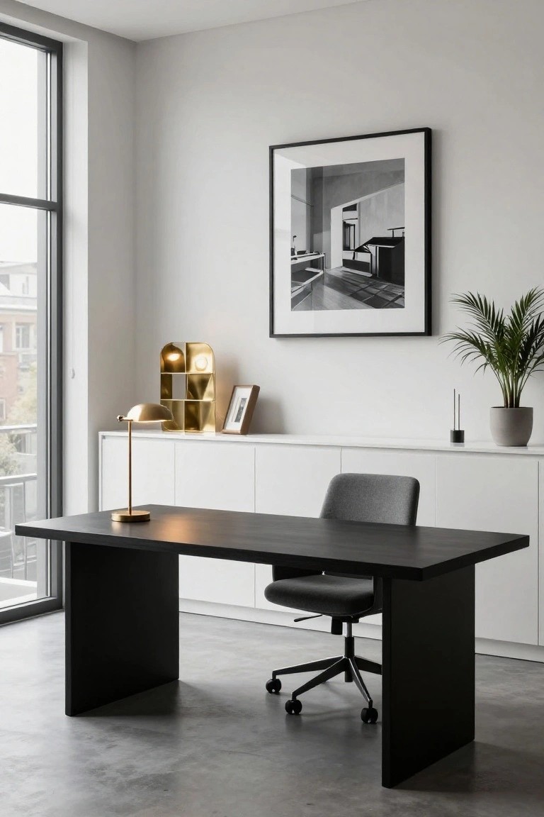 Modern home office interior with large rectangular black wooden desk, gray swivel chair, brass desk lamp, white low cabinets, gold shelving unit, potted palm plant, and large window with city view.
