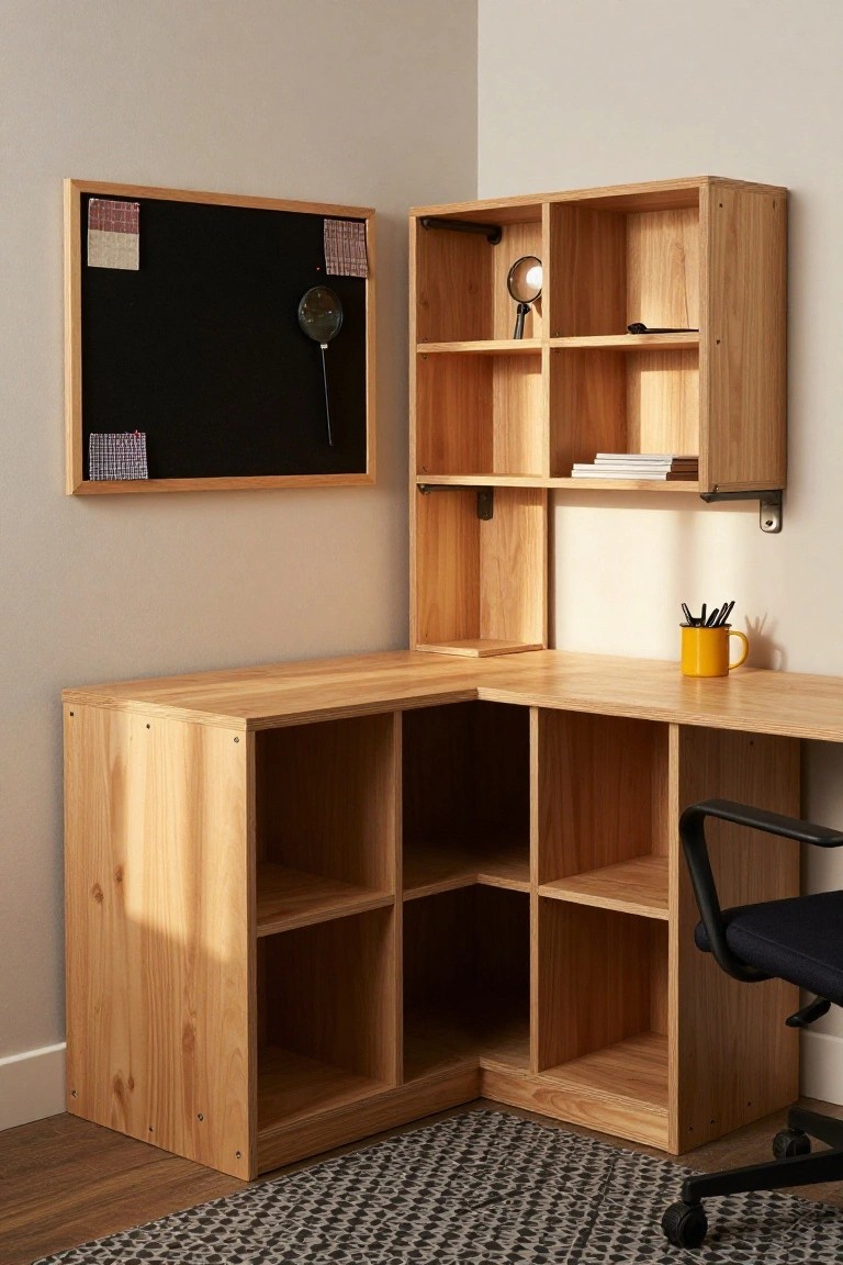 Wooden L-shaped corner desk built from open storage cubes with additional upper wall shelves, a corkboard, desk chair, and yellow mug on the surface in a beige room.