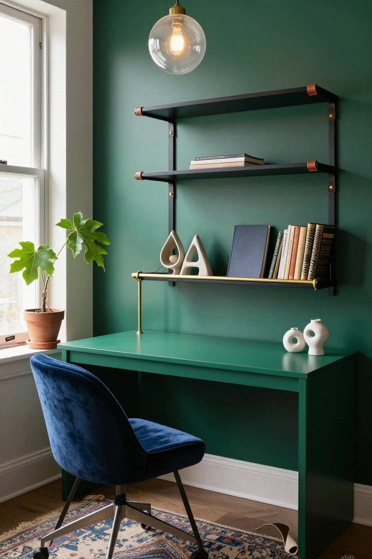 Home office corner with emerald green walls and matching desk, black floating shelves with books and white ceramics, blue velvet chair on casters, potted green plant, brass pendant light, and window.