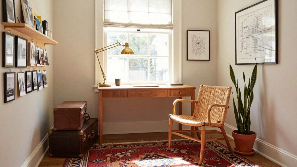18 DIY Home Office Ideas to Personalize Your Space A bright home office corner with a wooden desk holding books and a brown leather suitcase, rattan chair, tall snake plant in terracotta pot, brass adjustable lamp near a window with linen roman shade, corkboard with photos, framed art on walls, and patterned rug on wood floor.