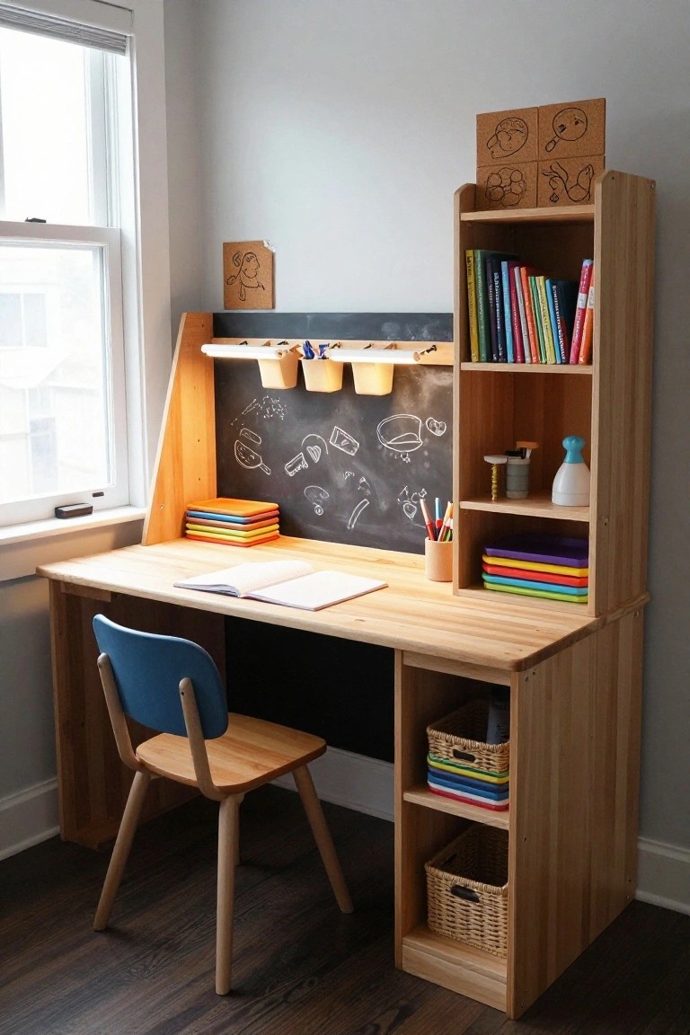Wooden desk with hutch featuring open shelves, chalkboard panel, colorful trays, books, pencils, and storage baskets next to a blue chair in a light room with window blinds.
