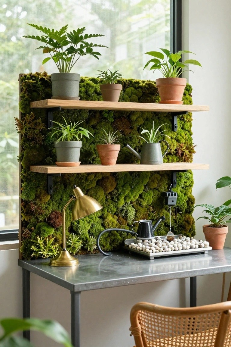 Home office with metal desk, gold lamp, rattan chair, watering cans, and a tall green moss wall with wooden shelves holding potted plants beside a large window.
