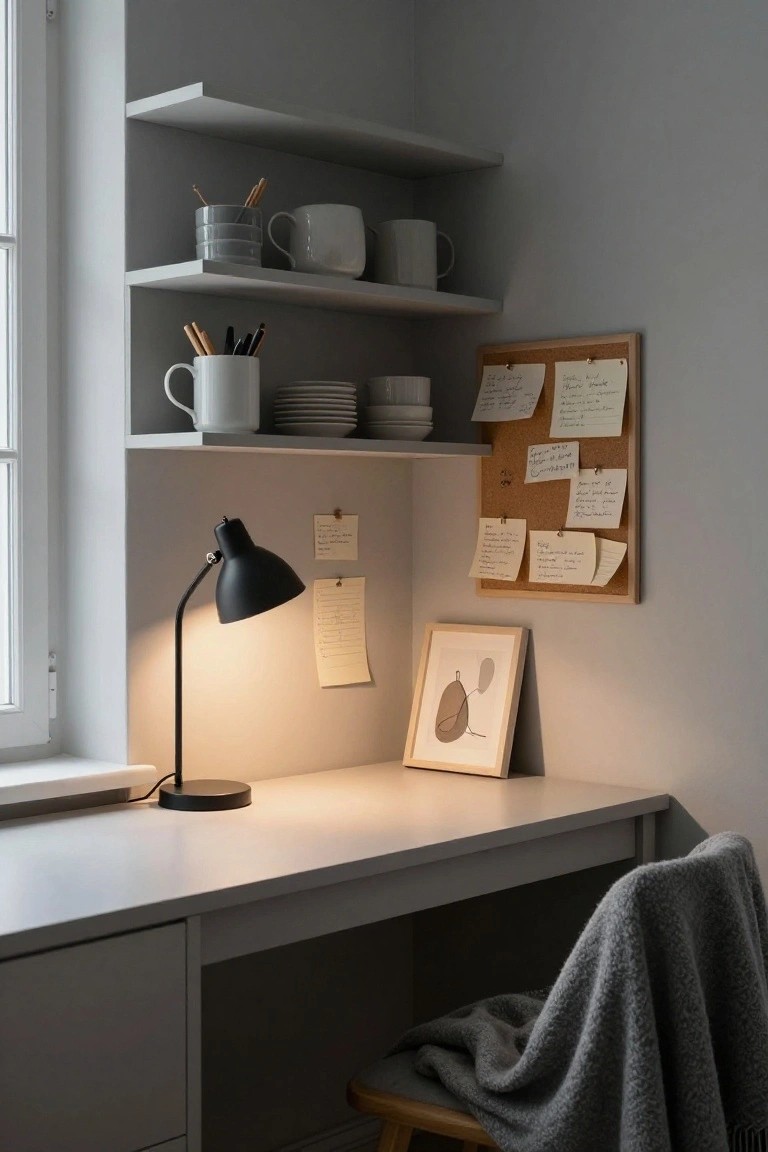 A cozy home office corner featuring a white desk with black adjustable lamp, open wall shelves stocked with white mugs, gray bowls, pens, and stacked plates, a corkboard with sticky notes nearby, a framed abstract artwork, and a wooden chair draped with a gray knit throw.