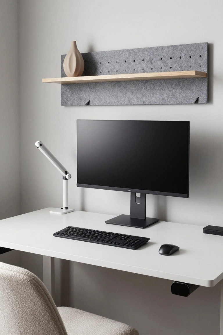 A minimalist home office featuring a white adjustable desk with black keyboard and mouse, a black monitor on a stand, white task lamp, and a gray felt pegboard wall panel with oak shelf and beige vase mounted above the desk.