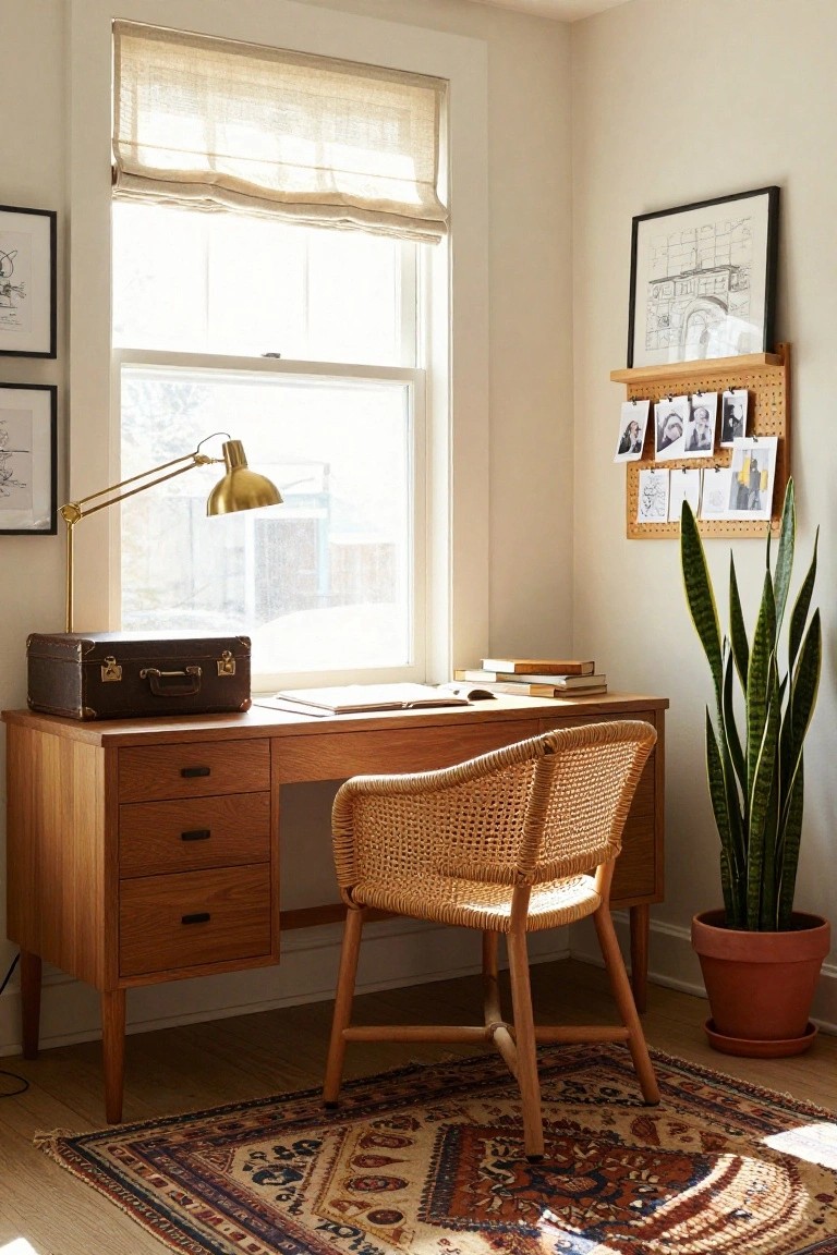 A bright home office corner with a wooden desk holding books and a brown leather suitcase, rattan chair, tall snake plant in terracotta pot, brass adjustable lamp near a window with linen roman shade, corkboard with photos, framed art on walls, and patterned rug on wood floor.