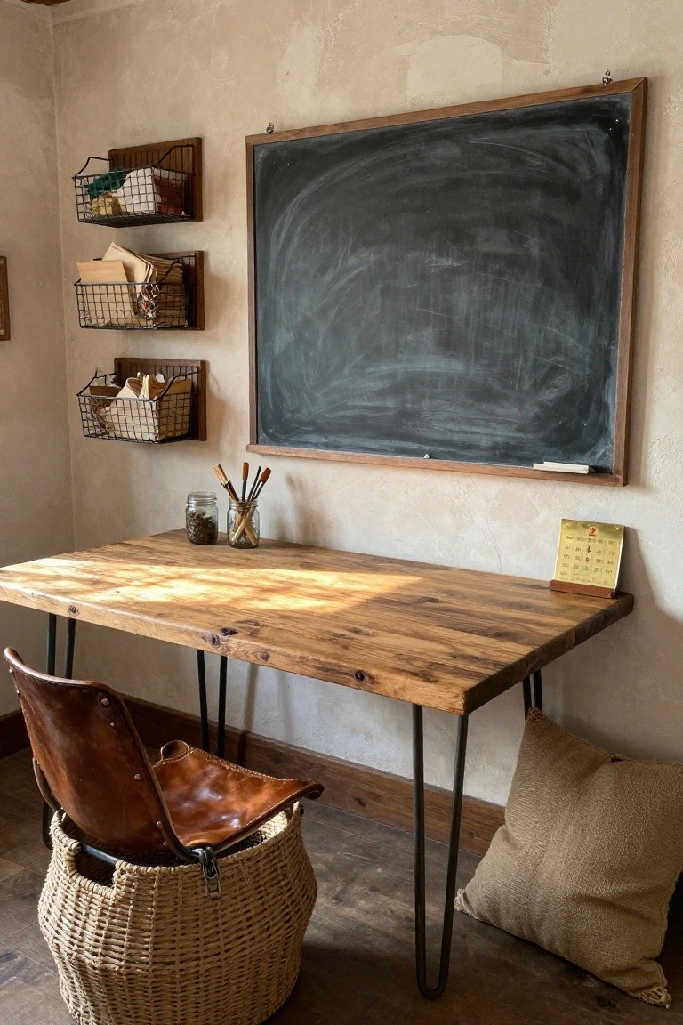 Home office corner featuring a reclaimed wood desk on black hairpin legs, brown leather chair with wicker basket base, wall-mounted wire baskets, large blackboard, and desk accessories.