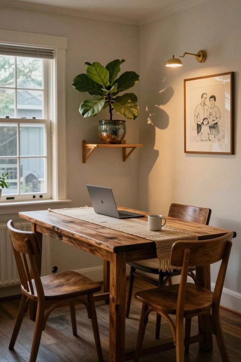 Light-filled interior corner with rustic wooden dining table as desk holding open laptop and white coffee mug on woven runner, four matching wooden chairs, potted fiddle leaf fig on shelf, framed line drawing of family on wall, and window with blinds.