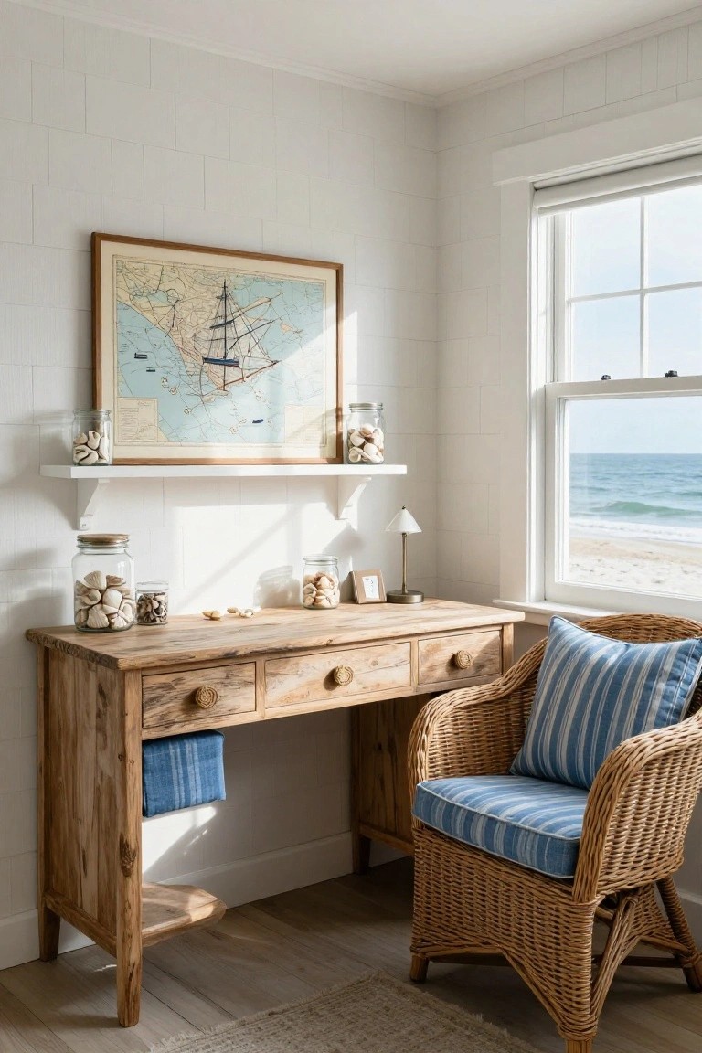 Small home office corner with rustic wooden desk, blue-striped wicker chair, floating shelf holding glass jars of seashells, framed nautical map on shiplap wall, and window overlooking beach and ocean.