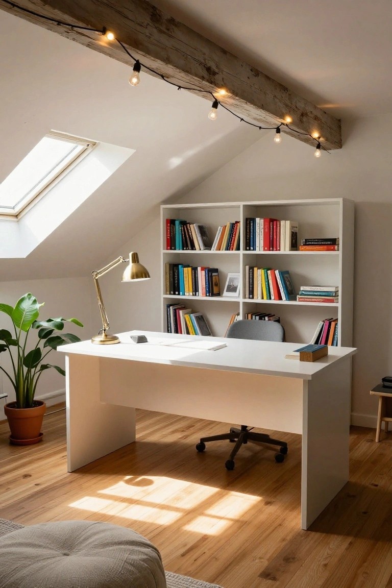 Attic home office with exposed wooden beams strung with warm string lights, flanked by white bookshelves filled with books, white desk with gold desk lamp and plant nearby, skylight in sloped white ceiling, wooden floor, and gray pouf chair.
