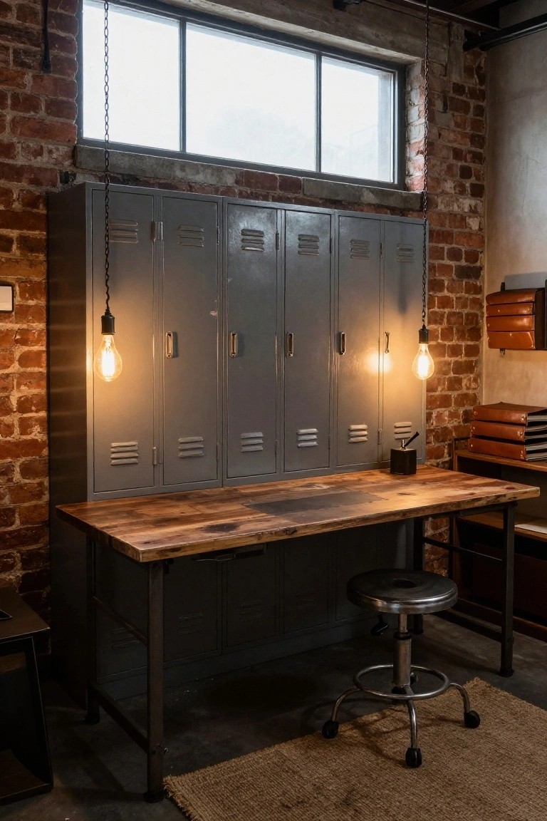 Home office with tall gray metal lockers against exposed brick wall, rustic wooden workbench desk on metal legs, adjustable metal stool, hanging Edison bulb lights, and seagrass rug on concrete floor.