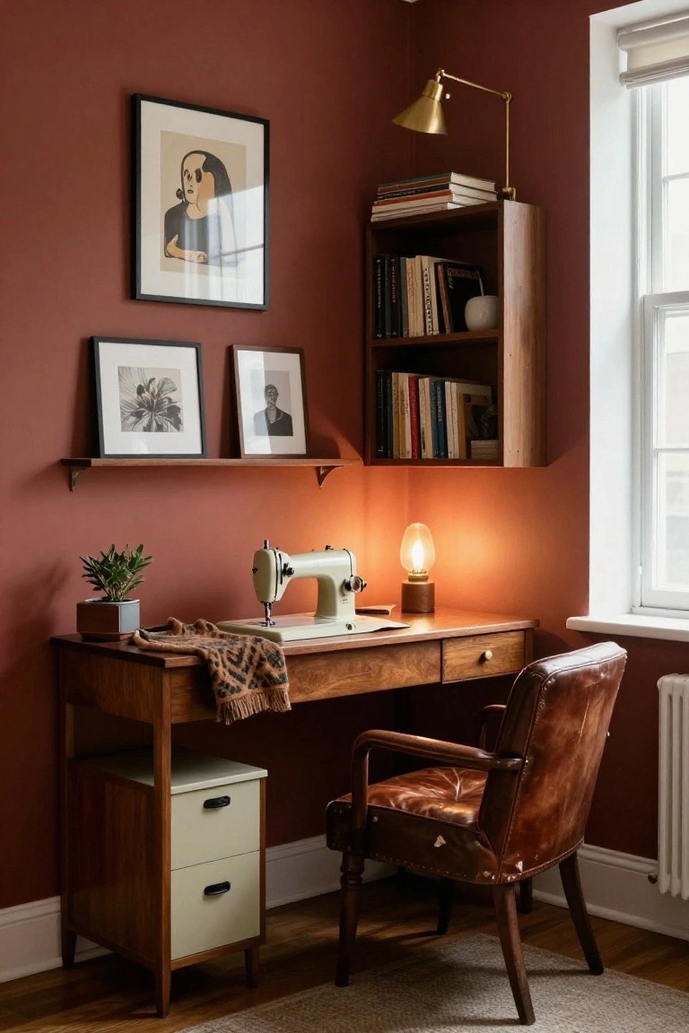 Corner of a room with burgundy walls, wooden desk topped with a white vintage sewing machine and fabric, leather armchair, bookshelves, art frames, and a potted plant.