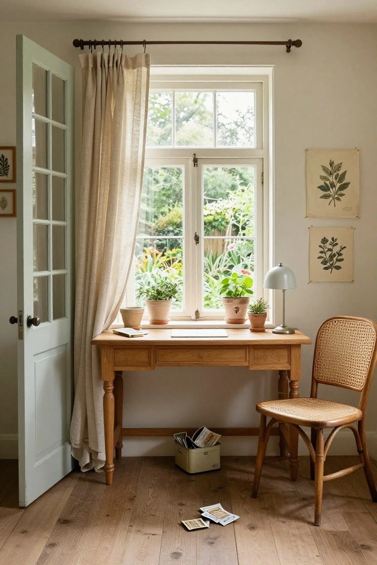 Wooden desk in a light room corner next to a large window with sheer curtains and garden view, potted plants on desk and windowsill, rattan chair, desk lamp, and cards on the floor.