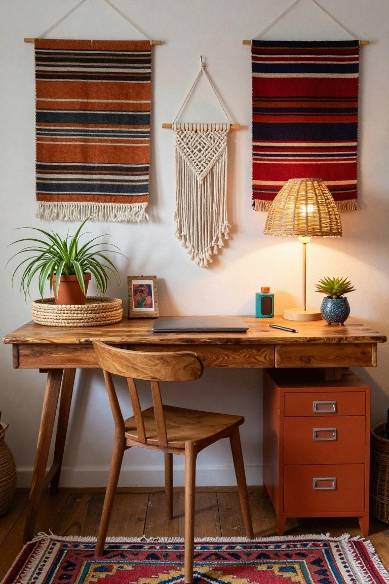 Bohemian wooden desk with laptop, woven lamp, macrame, and colorful textiles.