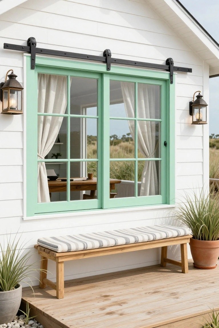 White clapboard garden shed with large mint green framed sliding glass barn door on black track, flanked by black lanterns, wooden bench on deck, potted grasses nearby, coastal dunes in background.