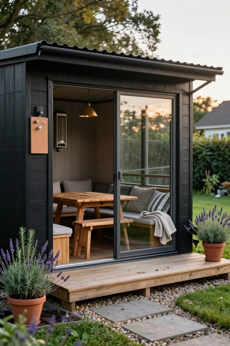 Black wooden garden office shed with open sliding glass door revealing wooden dining table, benches, and cushions inside, on a wooden deck platform surrounded by potted lavender plants, gravel path, and backyard greenery.