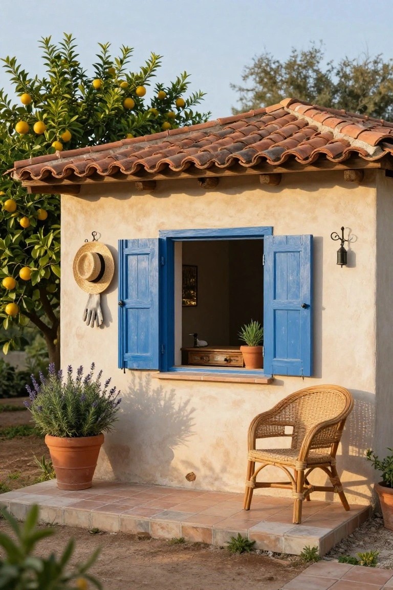 Small stucco garden shed with terracotta tile roof, open blue wooden shutters framing a window with a white sill, hanging straw hat and gloves nearby, potted lavender and orange tree beside a wicker chair on tiled steps.