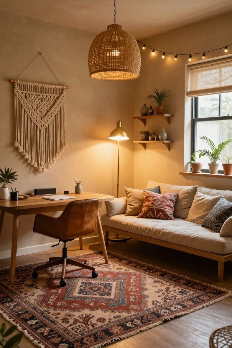 Cozy home office corner with wooden desk and leather chair, beige sofa, Persian rug, macrame wall hanging, rattan pendant light, plants on shelves and windowsill, and warm lamp glow on wooden floor.