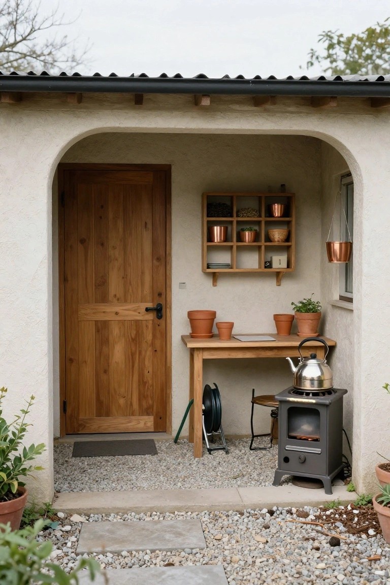 Garden shed exterior with beige stucco arched doorway and brown wooden door, wooden shelves on wall holding copper pots plants and jars, wooden table with silver kettle on black stove, potted plants gravel ground and greenery around.