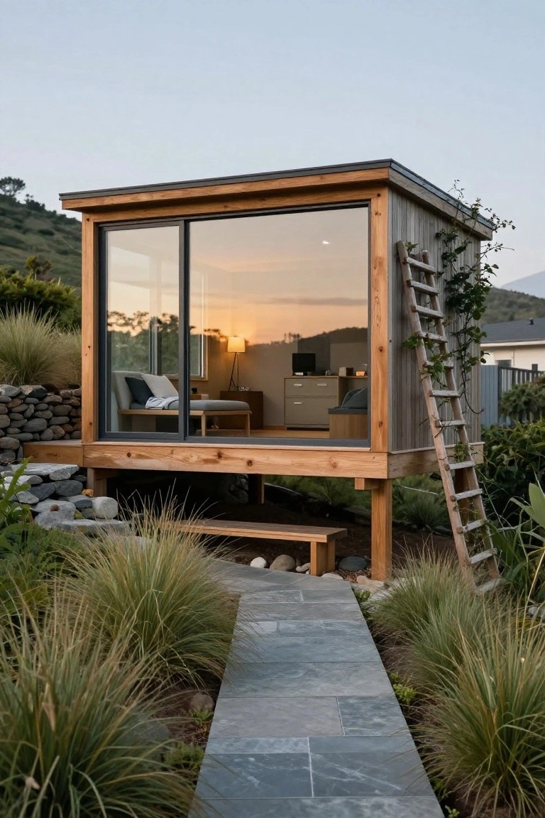 Wooden garden office pod elevated on stilts with ladder access, large sliding glass doors, and surrounding landscaping on a hillside at sunset.